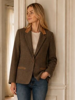 Rafael Brown Tweed Wool Blend One Button Faux Suede Vintage Jacket, Size 10